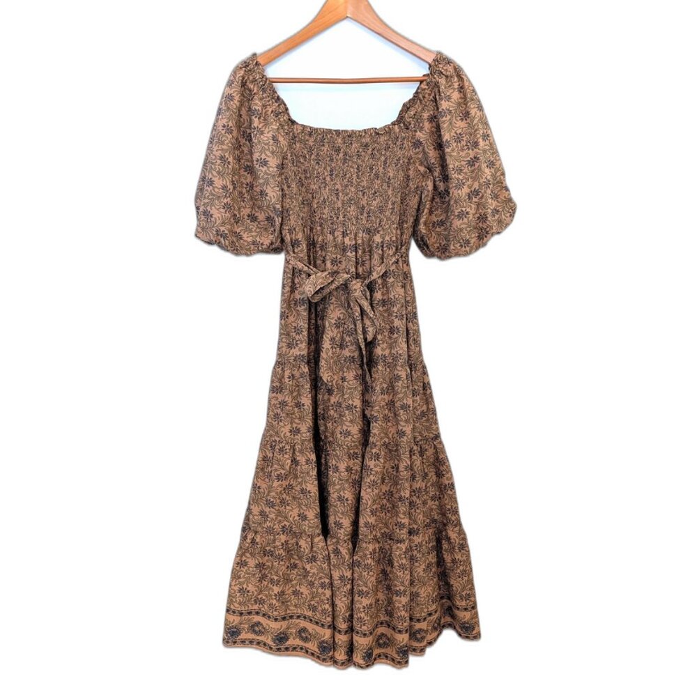 A Loves A | Golden Oat Brown Floral Puff Sleeve Boho Midi Dress | Size	Small - Picture 2 of 10